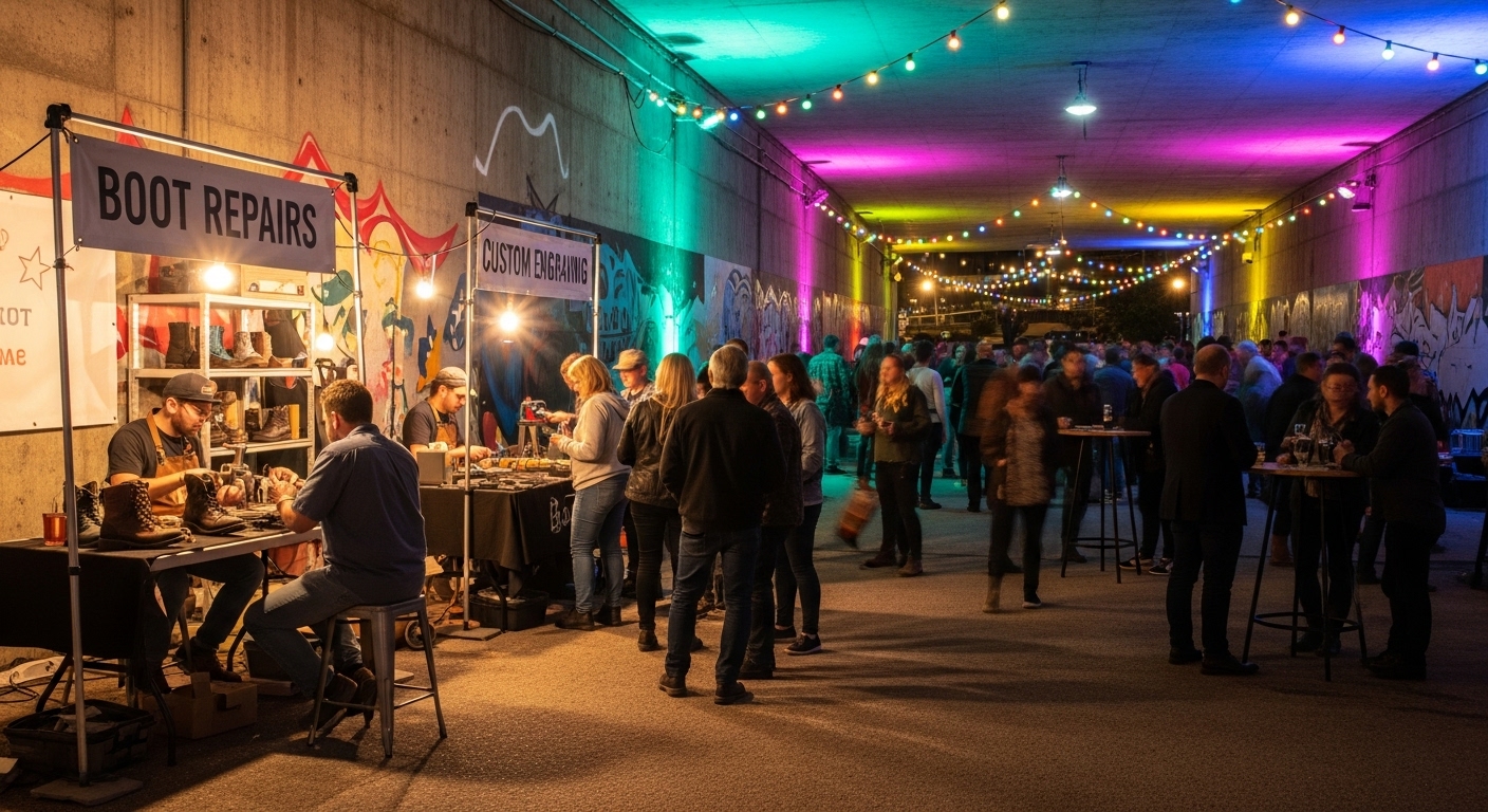Row of warm-lit vendor pods; a cobbler working on winter boots; bundled visitors waiting.